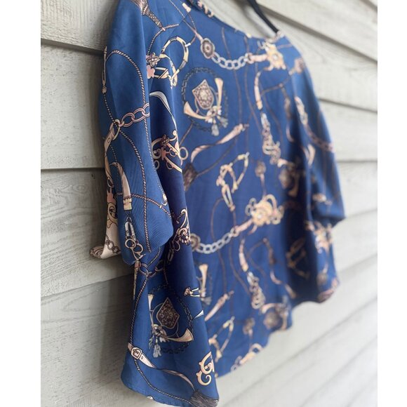 Joy Joy Chain Print Equestrian Blouse S/M Blue Boho Chic Statement Top - Picture 1 of 8